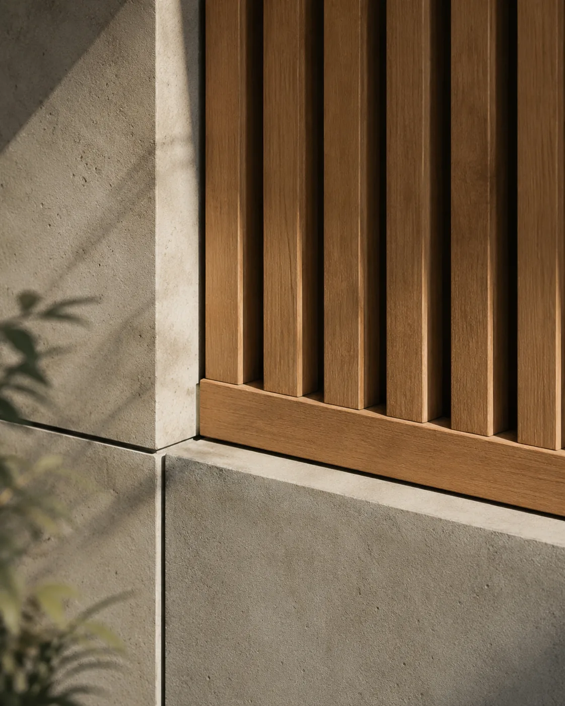 Timber screen detail with daylight falling across a concrete wall