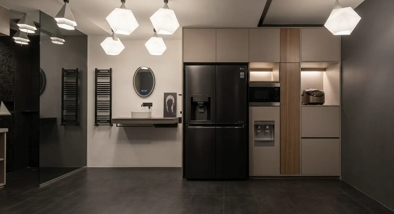 Desain dapur dan ruang cuci dengan kabinet built-in dan panel kayu (1)