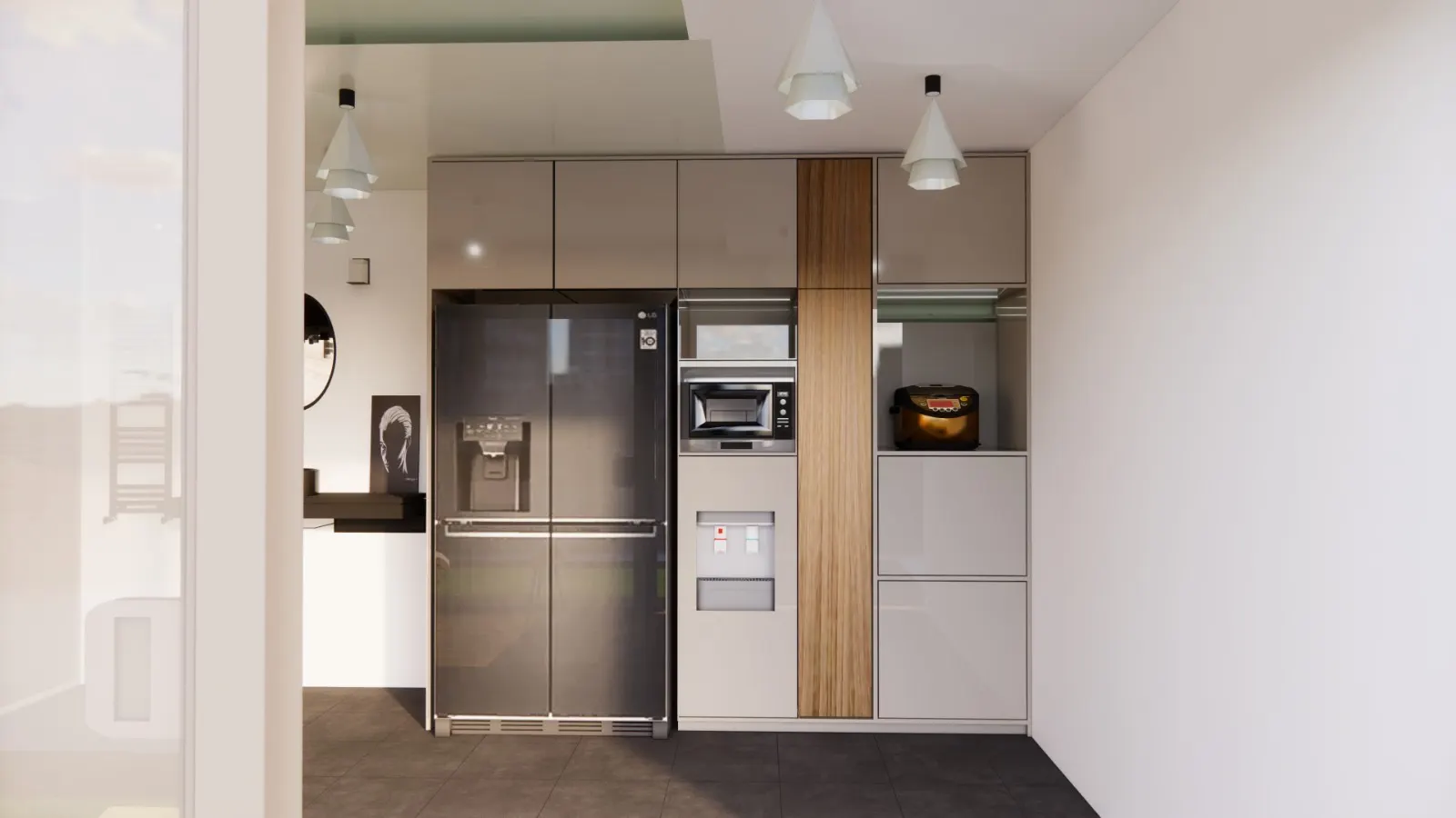 Desain dapur dan ruang cuci dengan kabinet built-in dan panel kayu (2)
