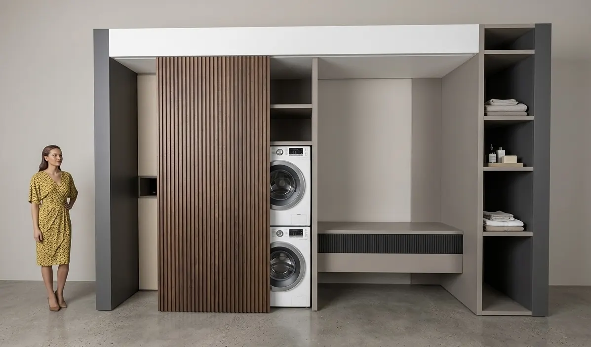 Desain dapur dan ruang cuci dengan kabinet built-in dan panel kayu (3)