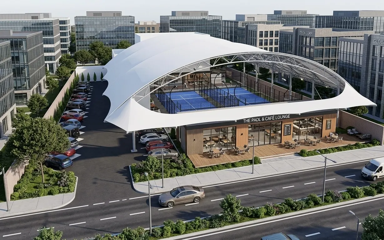 Padel club dengan atap membran putih bergelombang dan lounge dua lantai (1)