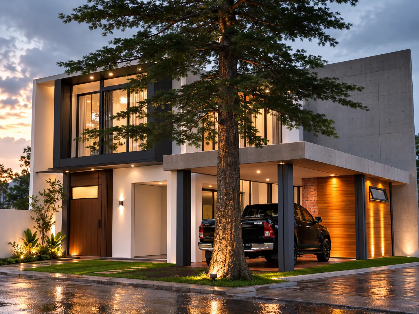 Rumah tropis modern dua lantai dengan pohon pinus di halaman depan (1)