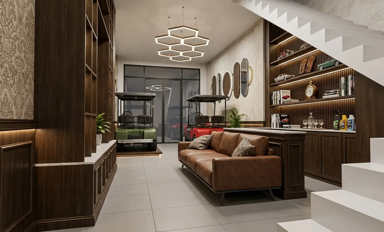 Showroom kendaraan listrik dengan panel kayu, lampu heksagon, dan ruang kerja (1)