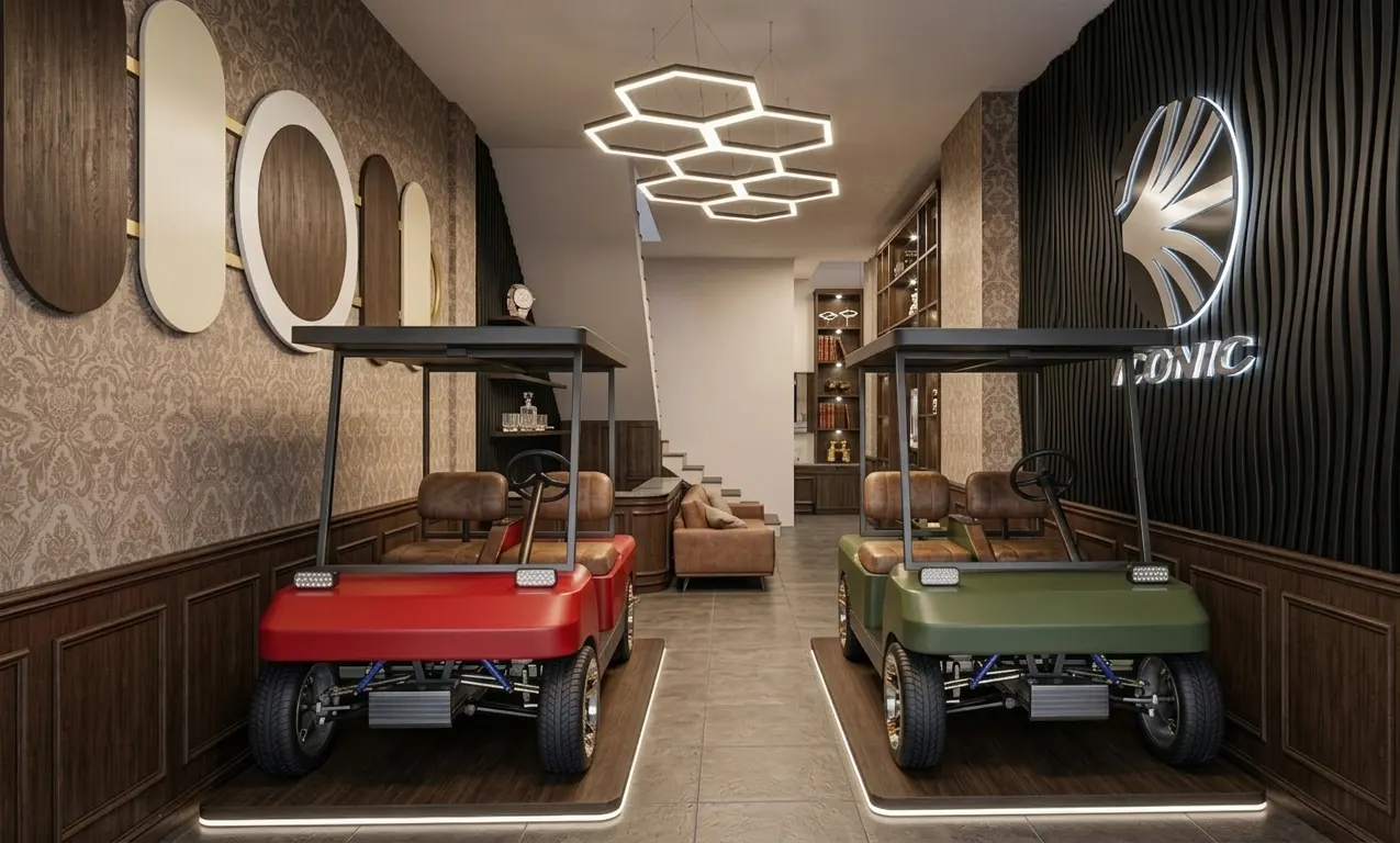 Showroom kendaraan listrik dengan panel kayu, lampu heksagon, dan ruang kerja (2)