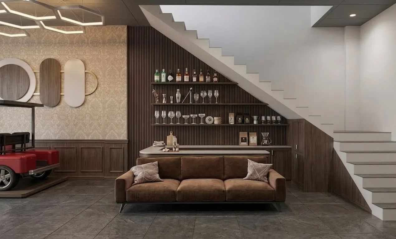 Showroom kendaraan listrik dengan panel kayu, lampu heksagon, dan ruang kerja (3)