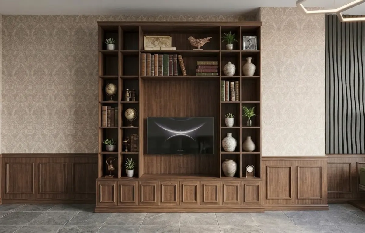 Showroom kendaraan listrik dengan panel kayu, lampu heksagon, dan ruang kerja (4)