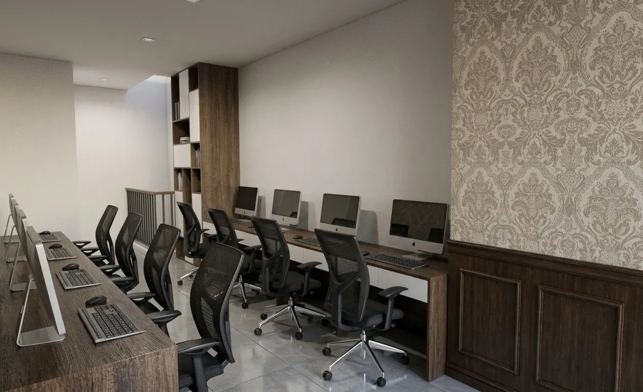 Showroom kendaraan listrik dengan panel kayu, lampu heksagon, dan ruang kerja (5)