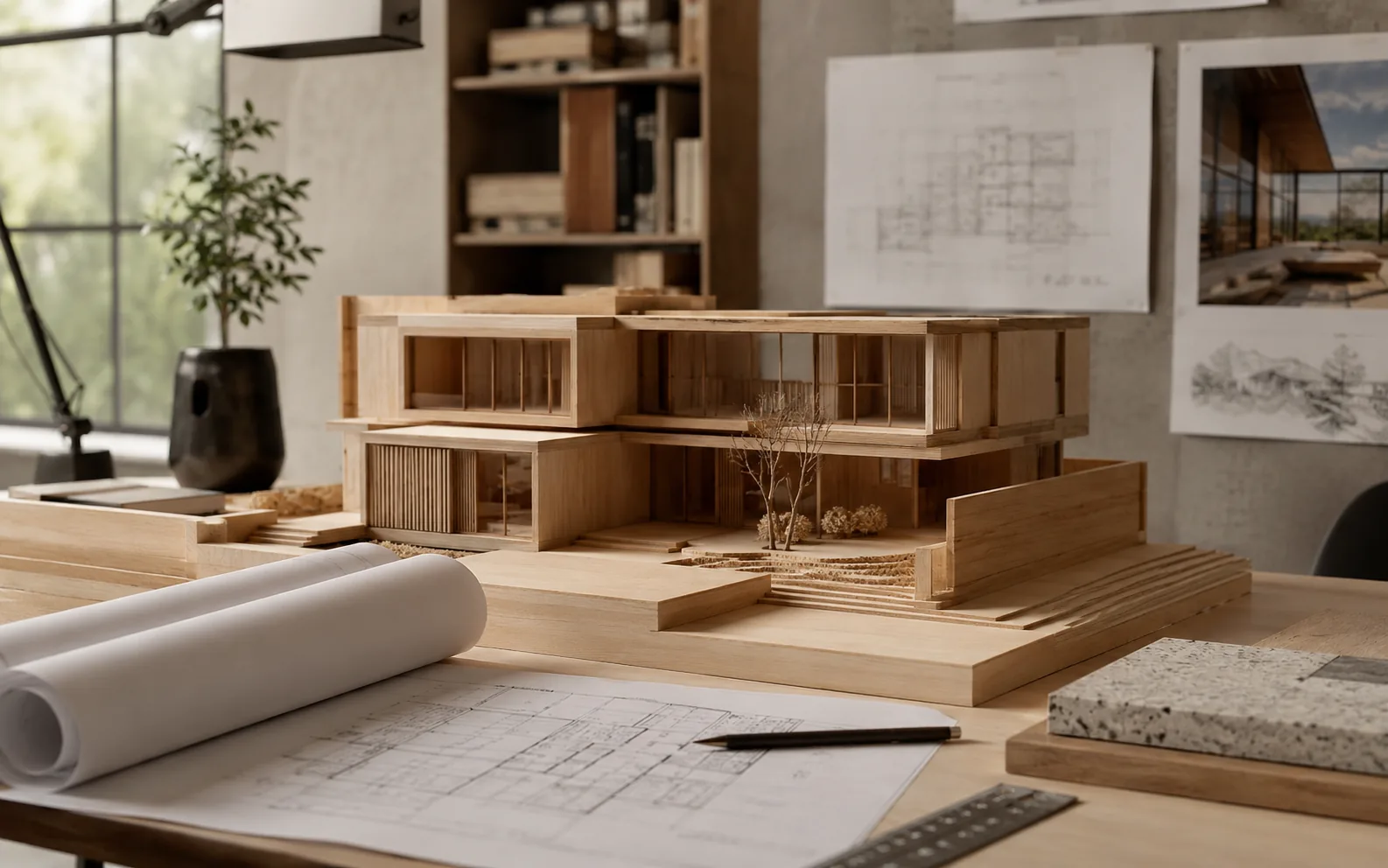 Architectural model and drawings laid out on a studio table in daylight