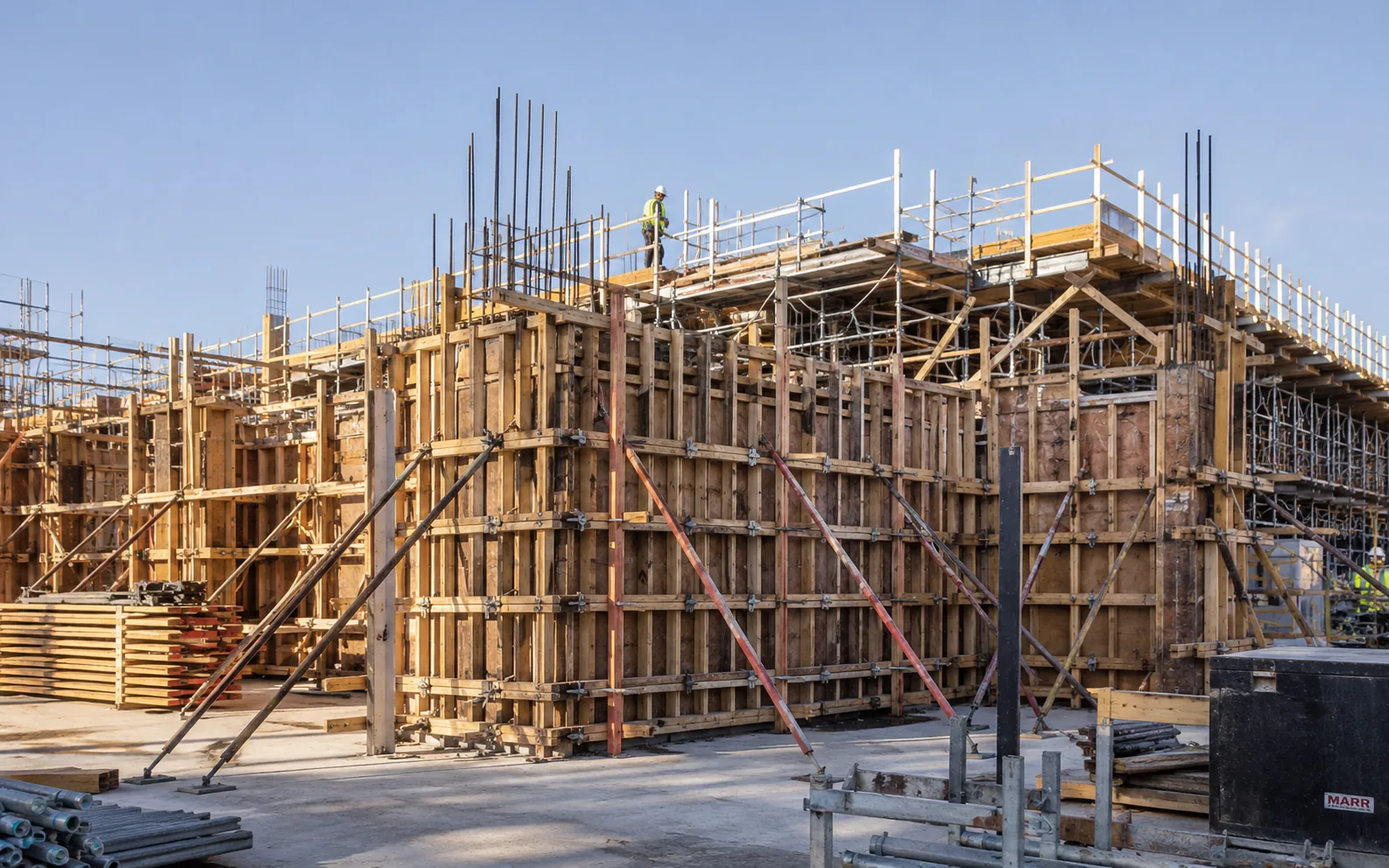 Construction site with concrete formwork and finished timber cladding